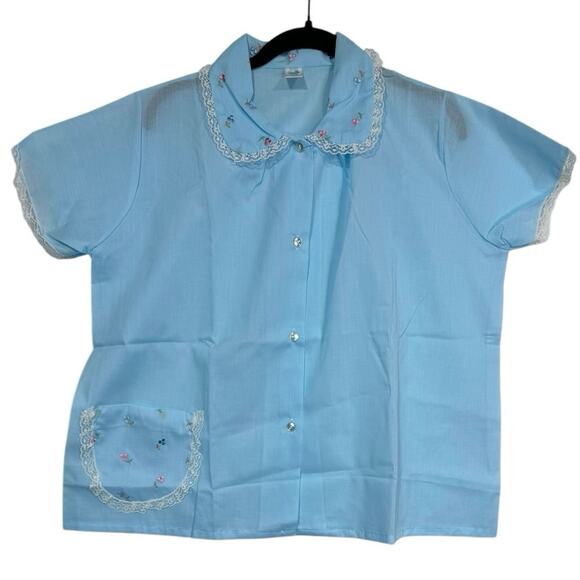 Vintage Katz Pajama Set Blue Floral Embroidered Lace‎ Short Sleeve Pants 38 NOS - Picture 2 of 8